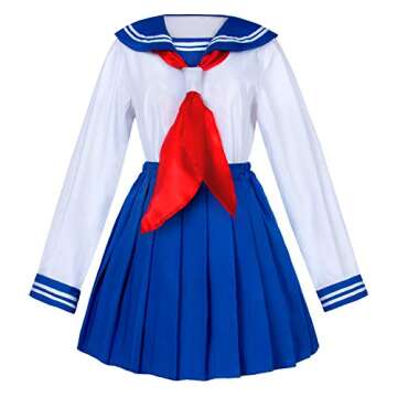 Elibelle Japanese School Girls Sailor JK Uniform Bule Pleated Skirt Anime Cosplay Costumes with Socks set(SSF31) 3XL