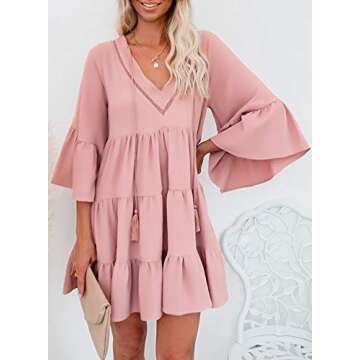 Happy Sailed Womens Tunic Dress Half Bell Sleeve V Neck Pleated Tiered Babydoll Flowy Swing Mini Dresses,Large Pink