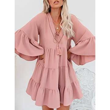 Happy Sailed Womens Tunic Dress Half Bell Sleeve V Neck Pleated Tiered Babydoll Flowy Swing Mini Dresses,Large Pink