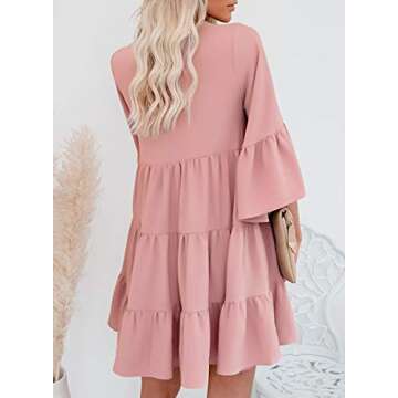 Happy Sailed Womens Tunic Dress Half Bell Sleeve V Neck Pleated Tiered Babydoll Flowy Swing Mini Dresses,Large Pink