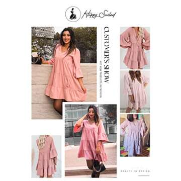 Happy Sailed Womens Tunic Dress Half Bell Sleeve V Neck Pleated Tiered Babydoll Flowy Swing Mini Dresses,Large Pink