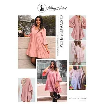 Happy Sailed Womens Tunic Dress Half Bell Sleeve V Neck Pleated Tiered Babydoll Flowy Swing Mini Dresses,Large Pink