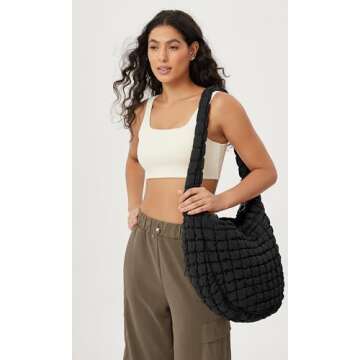 ODODOS Quilted Carryall Tote Bag for Women Crossbody Large Hobo Lightweight Padding Shoulder Bag, Black