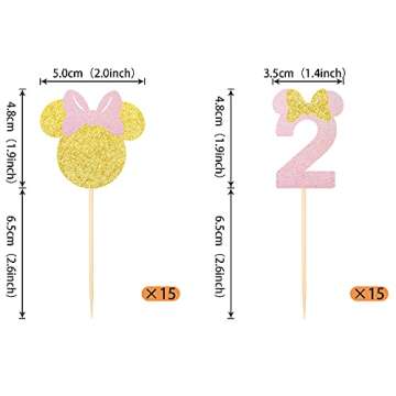 30 Pack Mouse Inspired Cupcake Toppers Number 2 Second Birthday Cupcake Picks Decorations for Baby S...