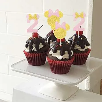 30 Pack Mouse Inspired Cupcake Toppers Number 2 Second Birthday Cupcake Picks Decorations for Baby Shower Kids 2nd Birthday Theme Party Supplies