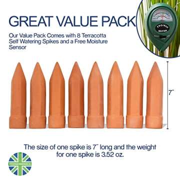8 Pcs Plant Watering Devices - FREE Moisture + PH Sensor - Plant Waterer Self Watering Terracotta Sp...
