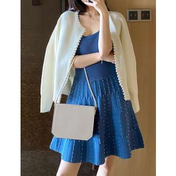 Kedera Women's Solid Cardigan Sweater Elegant Long Sleeve Pearl Trim Beading Outerwear White