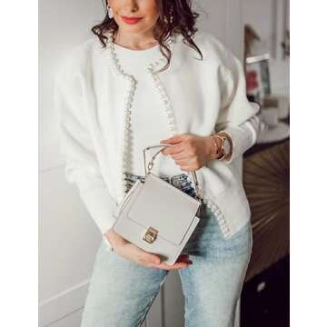 Kedera Women's Solid Cardigan Sweater Elegant Long Sleeve Pearl Trim Beading Outerwear White