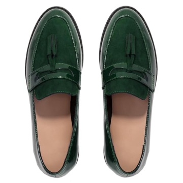 Dystralix Women Low Chunky Heel Loafer Shoes Tassel Round Toe Slip On Dress Loafers Fringe 1 Inch Bl...