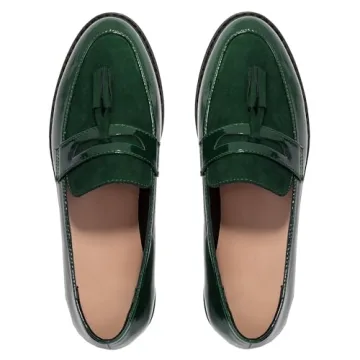 Dystralix Women Low Chunky Heel Loafer Shoes Tassel Round Toe Slip On Dress Loafers Fringe 1 Inch Bl...