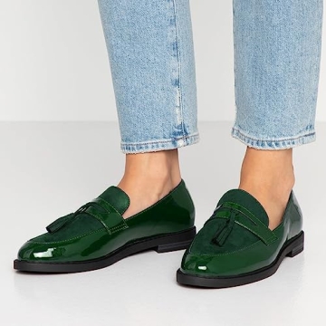 Dystralix Women Low Chunky Heel Loafer Shoes Tassel Round Toe Slip On Dress Loafers Fringe 1 Inch Block Low Heel Dress Loafers Patent Suede Penny Loafers Comfort Office Shoes Green 7.5 M US