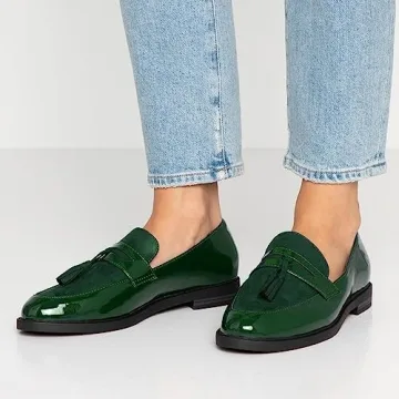 Dystralix Women Low Chunky Heel Loafer Shoes Tassel Round Toe Slip On Dress Loafers Fringe 1 Inch Block Low Heel Dress Loafers Patent Suede Penny Loafers Comfort Office Shoes Green 7.5 M US