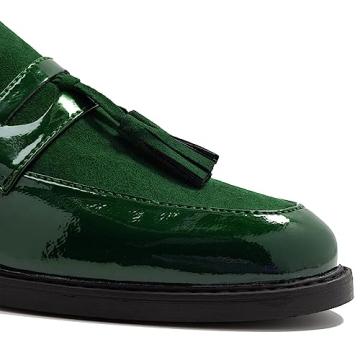 Dystralix Women Low Chunky Heel Loafer Shoes Tassel Round Toe Slip On Dress Loafers Fringe 1 Inch Block Low Heel Dress Loafers Patent Suede Penny Loafers Comfort Office Shoes Green 7.5 M US