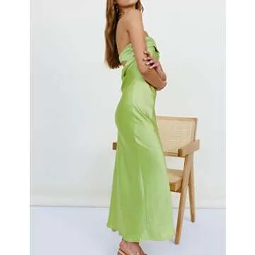 Realtix Satin Silk Backless Tube Tops Maxi Dress for Women Low Back Hollow Out Elegant Strapless Long Dresses Wedding Guest Fruit Green