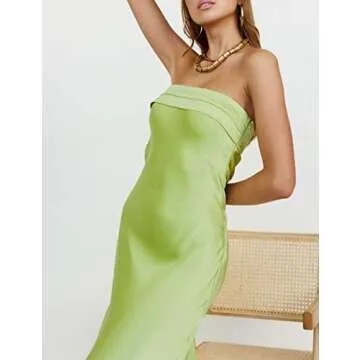 Realtix Satin Silk Backless Tube Tops Maxi Dress for Women Low Back Hollow Out Elegant Strapless Long Dresses Wedding Guest Fruit Green