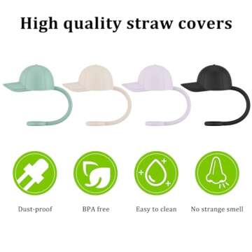 Straw Cover Cap for Stanley Cup 20-40oz Tumblers Accessories,Cute Silicone Straw Topper Reusable 4-6 Pcs,Compatible with Simple Modern,Yeti,Hydroflask and other 8-10mm Straws (4pc baseball cap)