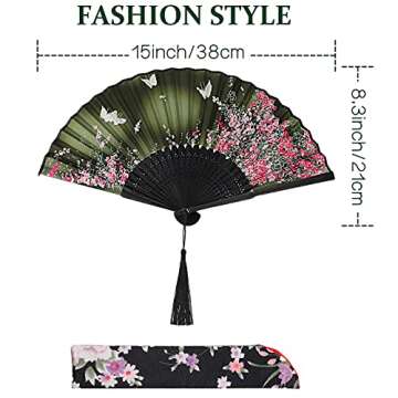 Zonon 4 Pack Handheld Floral Folding Fans Hand Held Silk Bamboo Fans with Tassel Women Hollowed Hand...