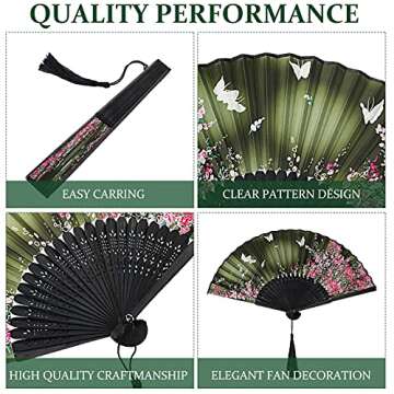 Zonon 4 Pack Handheld Floral Folding Fans Hand Held Silk Bamboo Fans with Tassel Women Hollowed Hand Foldable Fan with Fabric Sleeve for Dancing Wedding Decoration Gifts(Lively)