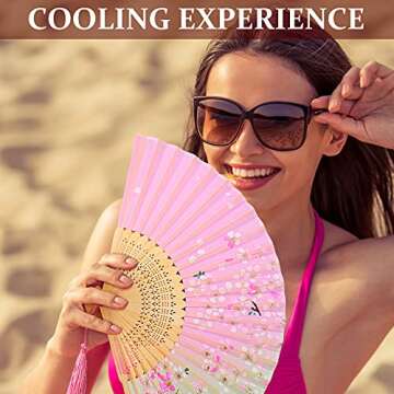 Zonon 4 Pack Handheld Floral Folding Fans Hand Held Silk Bamboo Fans with Tassel Women Hollowed Hand Foldable Fan with Fabric Sleeve for Dancing Wedding Decoration Gifts(Lively)