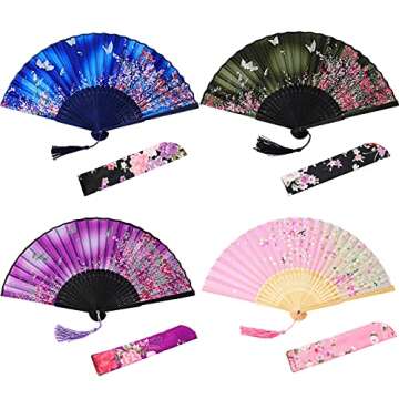 Zonon 4 Pack Handheld Floral Folding Fans Hand Held Silk Bamboo Fans with Tassel Women Hollowed Hand Foldable Fan with Fabric Sleeve for Dancing Wedding Decoration Gifts(Lively)