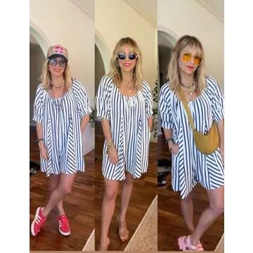 Athlisan Women's Striped Romper with Puff Sleeves and Pockets