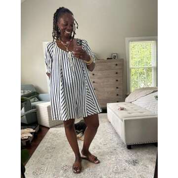 Athlisan Womens Striped Romper Casual Loose Puff Sleeve Wide Leg Jumpsuit Overall with Pockets(Blue-XS), X-Small