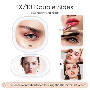 KEDSUM Lighted Compact Mirror, 1X/10X Magnifying Mirror, Travel Makeup Mirror with Rechargeable LED Lights, Dimmable Double Sided Folding Mirror, Portable, Daylight, USB Charging (White)