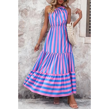 PRETTYGARDEN Women's Summer Floral Maxi Dress Knot One Shoulder Sleeveless Ruffle Flowy Boho Beach Wedding Guest Dresses (Blue Pink Stripe,Large)