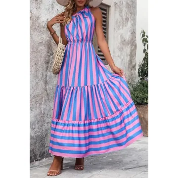 PRETTYGARDEN Women's Summer Floral Maxi Dress Knot One Shoulder Sleeveless Ruffle Flowy Boho Beach Wedding Guest Dresses (Blue Pink Stripe,Large)