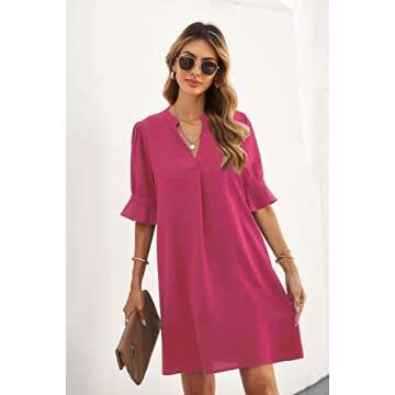 Wkior Short Sleeve Dress for Women V Neck Casual Loose Flowy Swing Shift Dresses Rose Pink XL