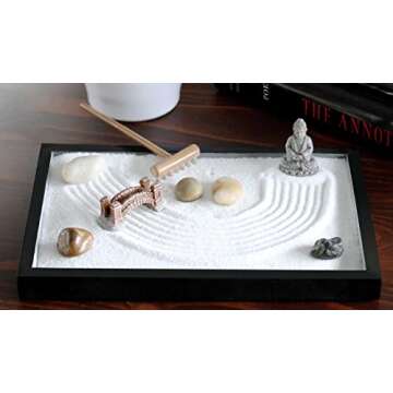Nature's Mark Mini Zen Garden Kit for Desk with Rake, White Sand, Buddha Figures, Bridge Figure and River Rocks, Black Rectangle Base