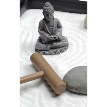 Nature's Mark Mini Zen Garden Kit for Desk with Rake, White Sand, Buddha Figures, Bridge Figure and River Rocks, Black Rectangle Base