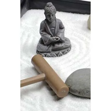 Nature's Mark Mini Zen Garden Kit for Desk with Rake, White Sand, Buddha Figures, Bridge Figure and River Rocks, Black Rectangle Base