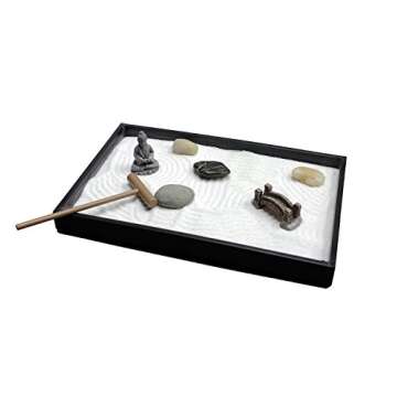 Nature's Mark Mini Zen Garden Kit for Desk with Rake, White Sand, Buddha Figures, Bridge Figure and River Rocks, Black Rectangle Base