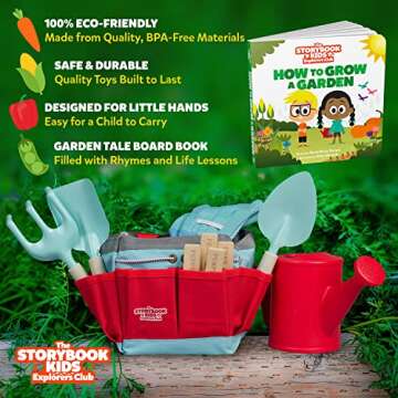 Matching Board Book - Red Kids Gardening Tools Set Includes Sturdy Tote Bag, Watering Can, Shovel, R...