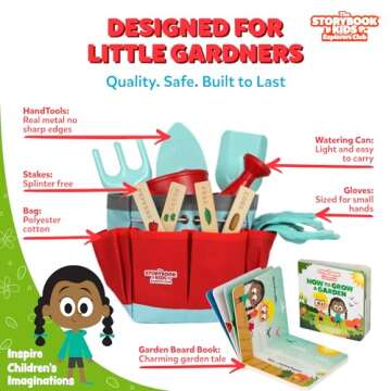 Matching Board Book - Red Kids Gardening Tools Set Includes Sturdy Tote Bag, Watering Can, Shovel, Rake, and Trowel - Garden Storybook - Kids Garden Tools- Easter Gifts for Toddler Age on up.