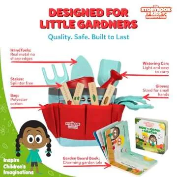 Matching Board Book - Red Kids Gardening Tools Set Includes Sturdy Tote Bag, Watering Can, Shovel, Rake, and Trowel - Garden Storybook - Kids Garden Tools- Easter Gifts for Toddler Age on up.
