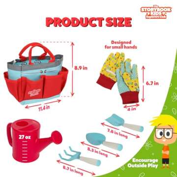 Matching Board Book - Red Kids Gardening Tools Set Includes Sturdy Tote Bag, Watering Can, Shovel, Rake, and Trowel - Garden Storybook - Kids Garden Tools- Easter Gifts for Toddler Age on up.