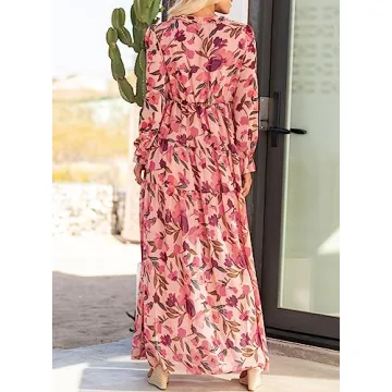 BLENCOT Womens Casual Floral Deep V Neck Long Sleeve Long Evening Dress Cocktail Party Maxi Wedding Dresses Floral Pattern Red Medium