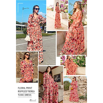 BLENCOT Womens Casual Floral Deep V Neck Long Sleeve Long Evening Dress Cocktail Party Maxi Wedding Dresses Floral Pattern Red Medium