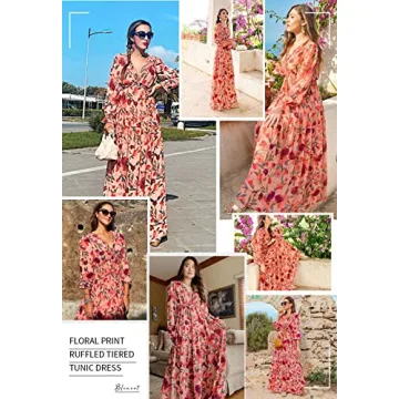 BLENCOT Womens Casual Floral Deep V Neck Long Sleeve Long Evening Dress Cocktail Party Maxi Wedding Dresses Floral Pattern Red Medium