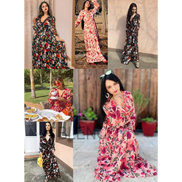BLENCOT Womens Casual Floral Deep V Neck Long Sleeve Long Evening Dress Cocktail Party Maxi Wedding Dresses Floral Pattern Red Medium