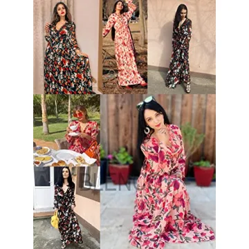 BLENCOT Womens Casual Floral Deep V Neck Long Sleeve Long Evening Dress Cocktail Party Maxi Wedding Dresses Floral Pattern Red Medium