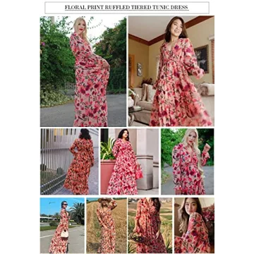 BLENCOT Womens Casual Floral Deep V Neck Long Sleeve Long Evening Dress Cocktail Party Maxi Wedding Dresses Floral Pattern Red Medium