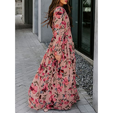 BLENCOT Womens Casual Floral Deep V Neck Long Sleeve Long Evening Dress Cocktail Party Maxi Wedding Dresses Floral Pattern Red Medium