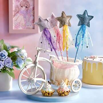 Honoson 24 Pcs Glitter Star Magic Wand Princess Wand Fairy Angel Star Stick with Ribbon for Girl Kid Birthday Wedding Princess Dress up Role Play Party Supply Favor, Pink Purple Gold Blue