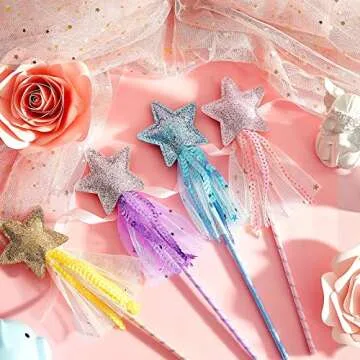 Honoson 24 Pcs Glitter Star Magic Wand Princess Wand Fairy Angel Star Stick with Ribbon for Girl Kid Birthday Wedding Princess Dress up Role Play Party Supply Favor, Pink Purple Gold Blue