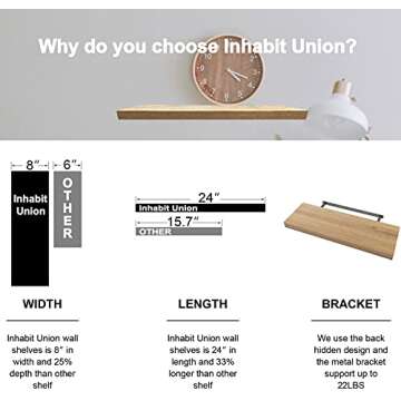 INHABIT UNION Oak Floating Shelves for Wall，24in Wall Mounted Display Ledge Shelves Perfect for Bedroom, Bathroom, Living Room and Kitchen Decoration Storage (Oak)