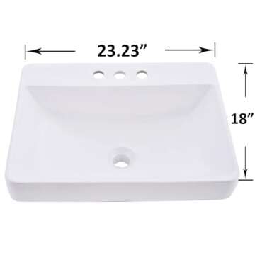 VESLA HOME 23 x 18 inch Large Rectangular Porcelain Ceramic Drop in Bathroom Vessel Sink,Modern Above Counter Basin for Lavatory Vanity Cabinet