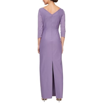 Alex Evenings Women's Slimming Long Length ¾ Sleeve Mother of The Bride Dress with Cascade Skirt and Side Ruching, ICY Orchid Ruffle
